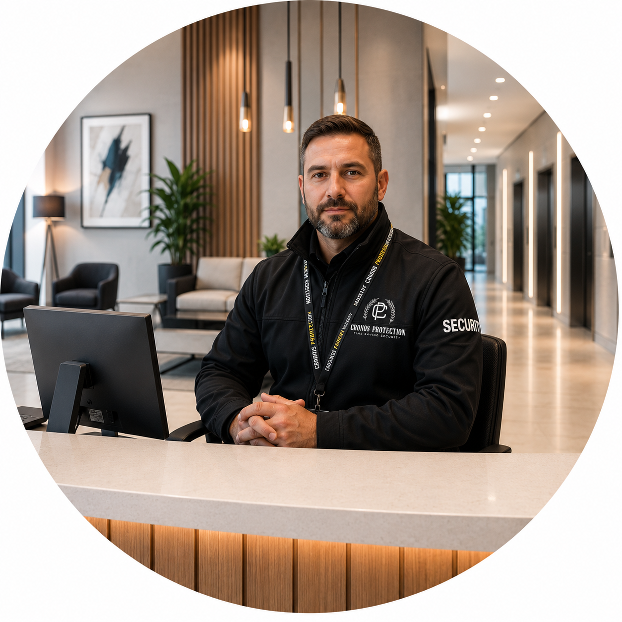 Cronos Protection officer at a corporate reception desk